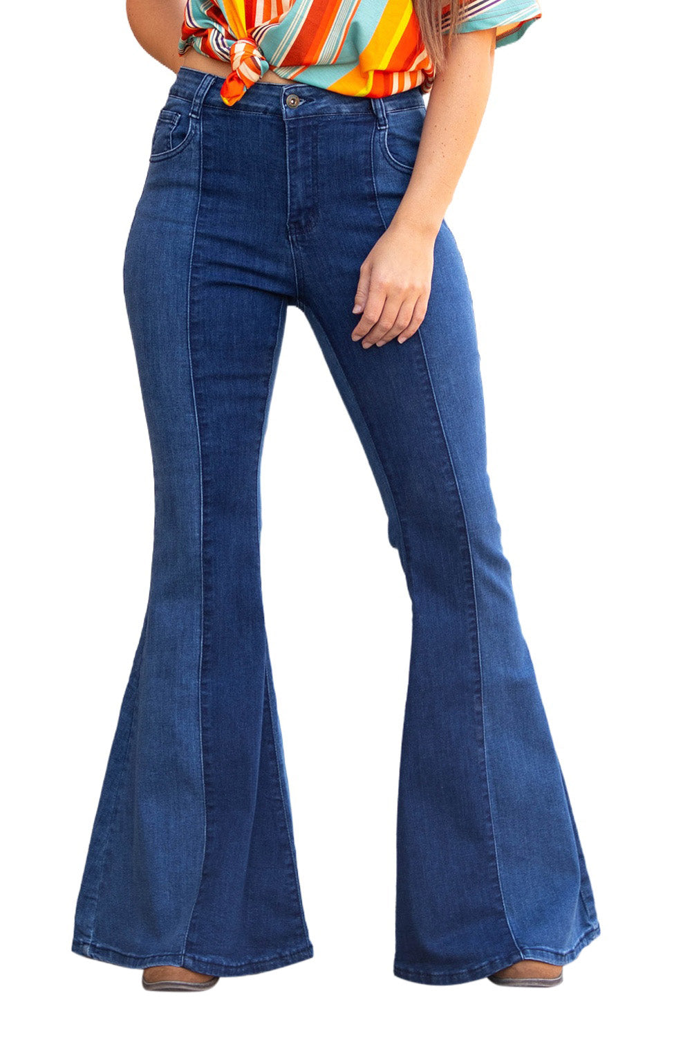 Blue Boho Two Tone Extreme Flare Jeans Jeans JT's Designer Fashion
