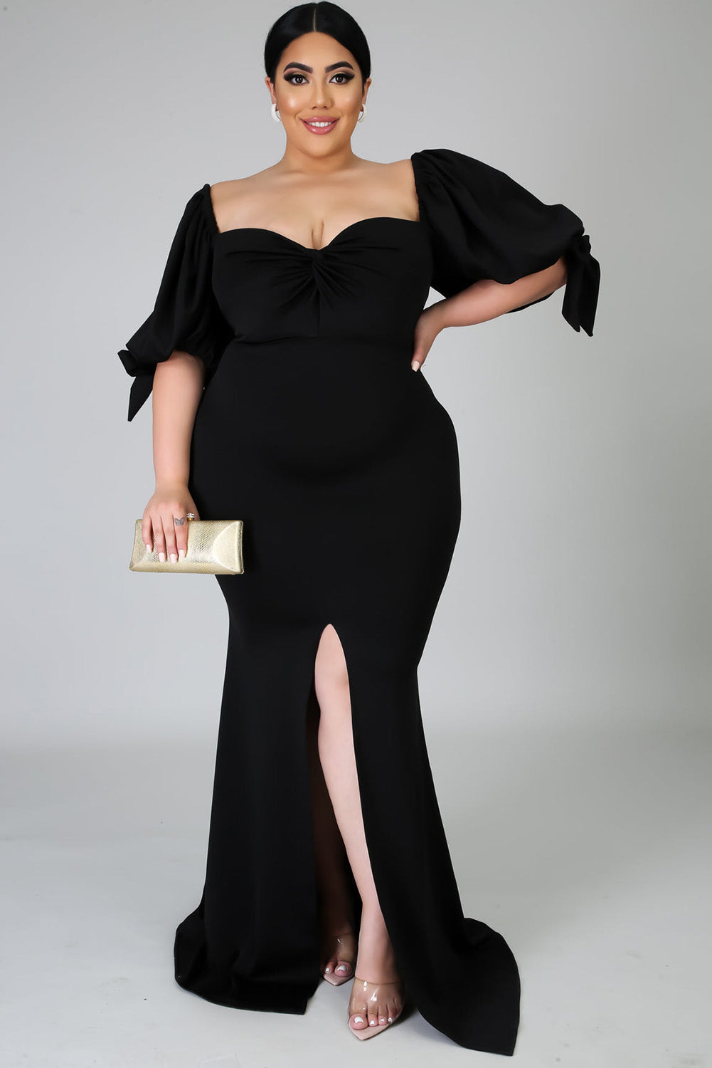 Black Bow Tie Puff Sleeve Plus Size High Slit Maxi Dress Plus Size Dresses JT's Designer Fashion