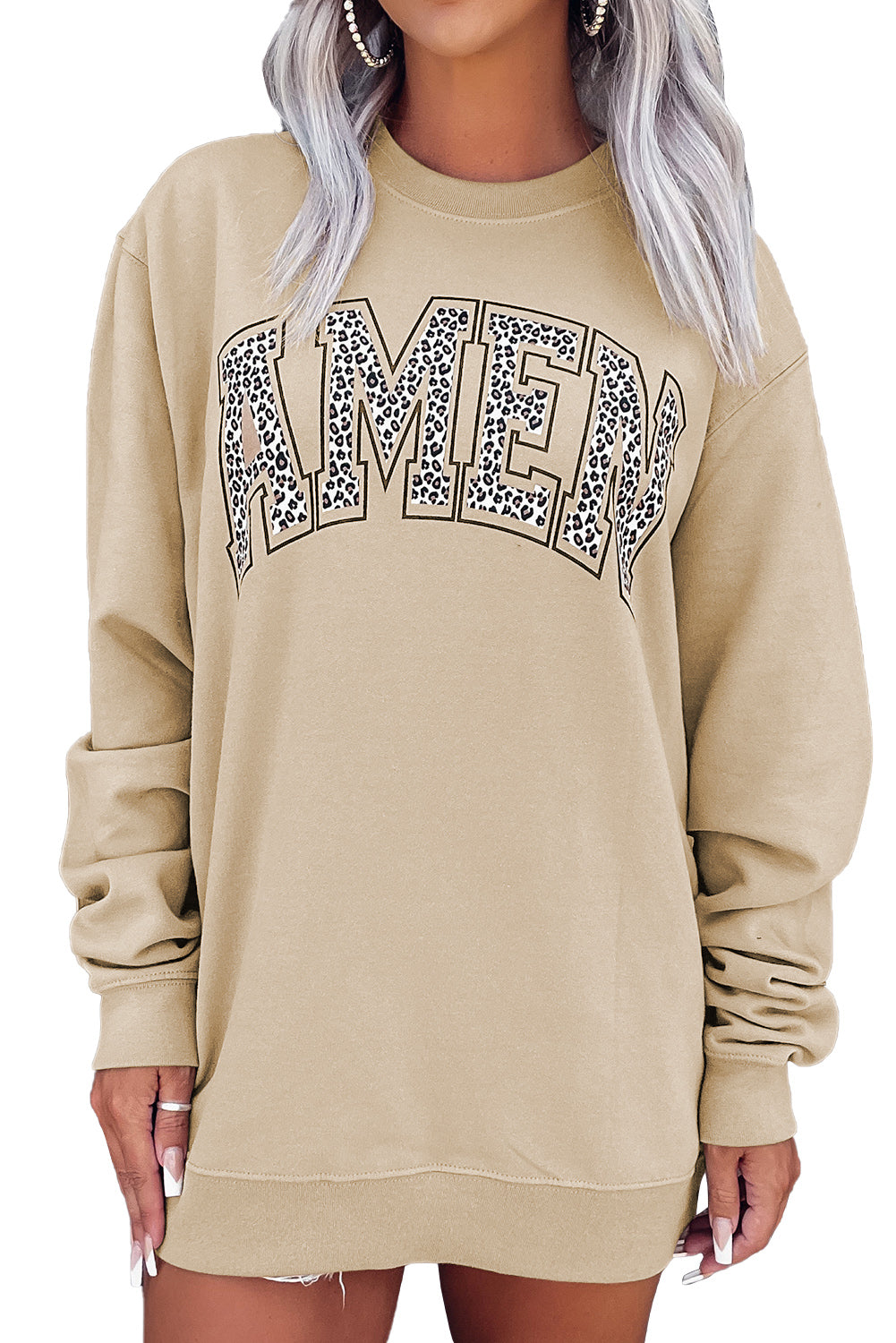 Khaki AMEN Leopard Letter Print Oversized Pullover Sweatshirt Sweatshirts & Hoodies JT's Designer Fashion