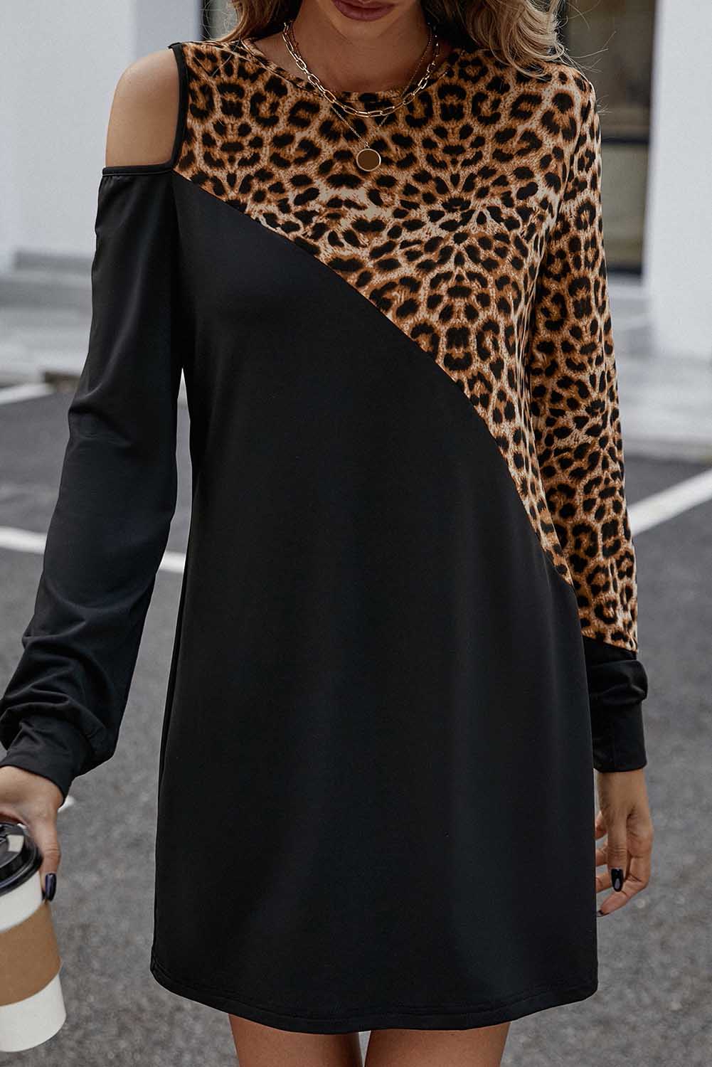 Black Asymmetric Cold Shoulder Colorblock Leopard Print Dress Dresses JT's Designer Fashion