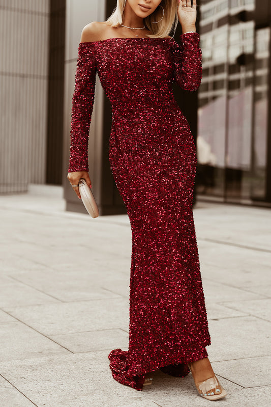 Red Sequin Off Shoulder Long Sleeve Evening Gown Red 100%Polyester Evening Dresses JT's Designer Fashion