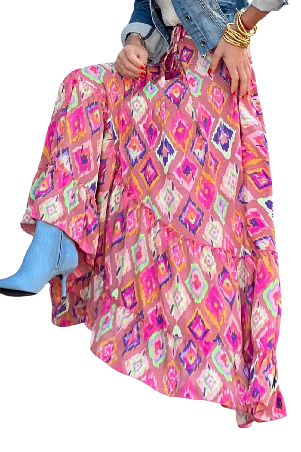 Multicolor Boho Geometric Print Maxi Skirt Bottoms JT's Designer Fashion
