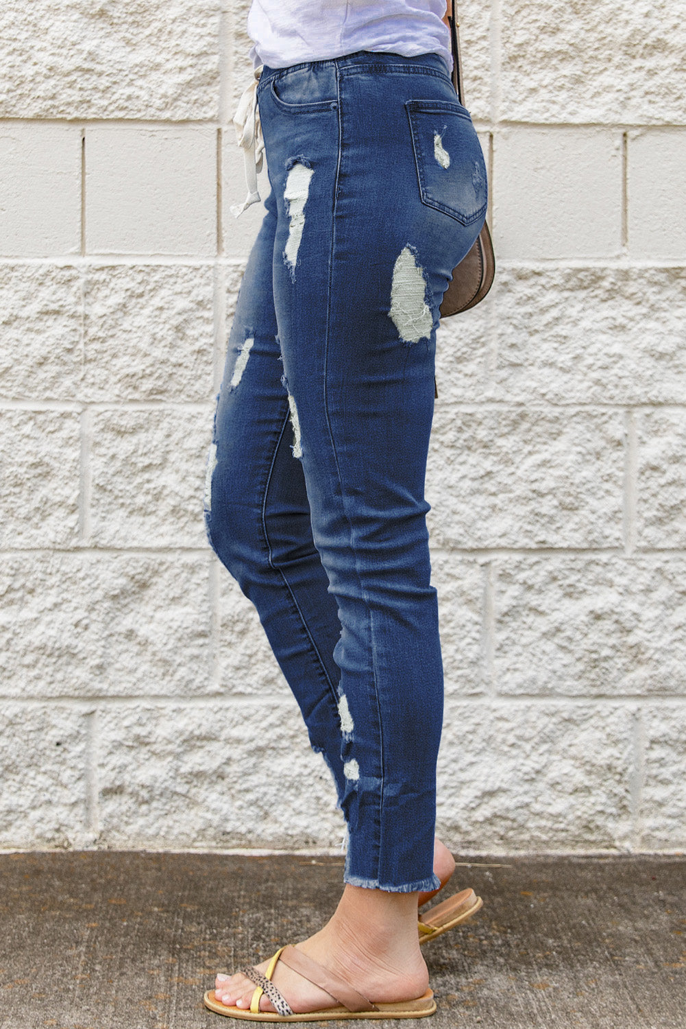 Blue Drawstring Elastic Waist Hole Ripped Jeans Jeans JT's Designer Fashion