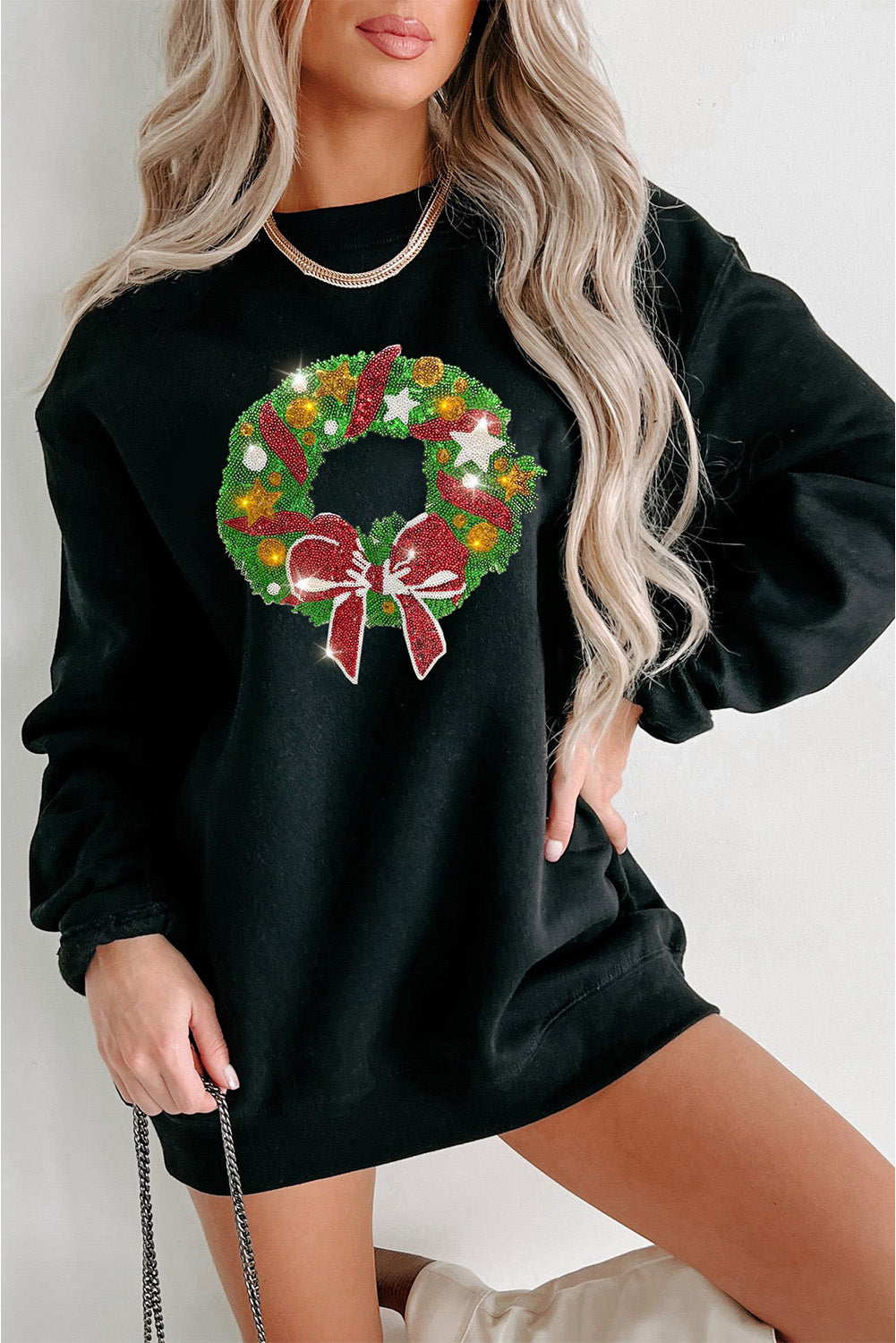 Black Christmas Wreath Print Crew Neck Pullover Sweatshirt Graphic Sweatshirts JT's Designer Fashion