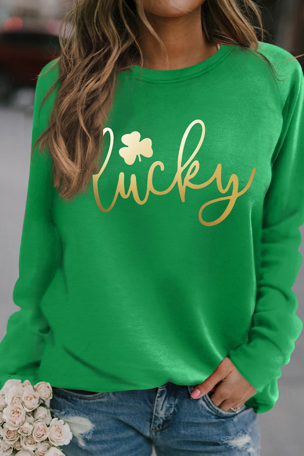 Green Lucky Glitter Graphic Raglan Sleeve Pullover Sweatshirt Green 85%Polyester+10%Cotton+5%Elastane Graphic Sweatshirts JT's Designer Fashion