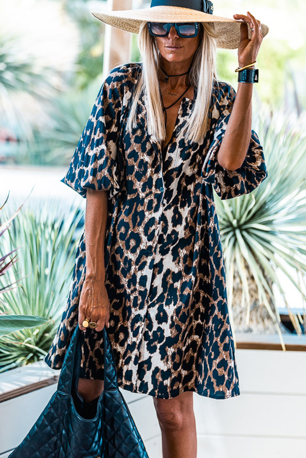 Black Leopard Puff Sleeve Button Up Shift Dress Pre Order Dresses JT's Designer Fashion