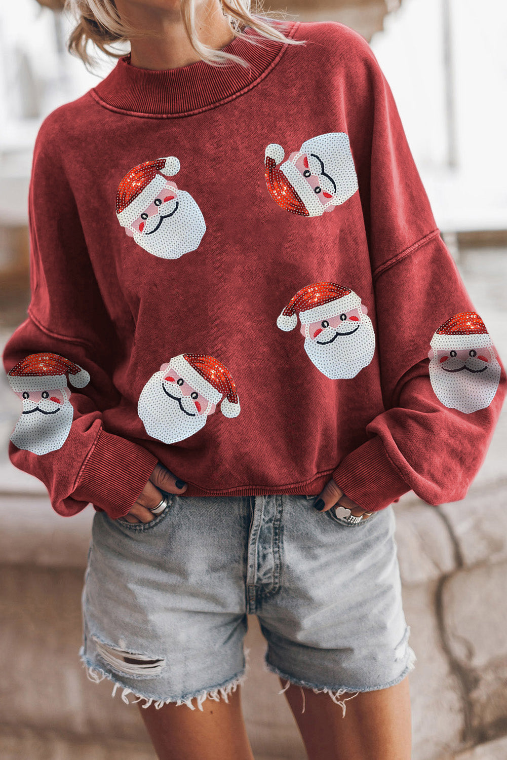 Red Dahlia Sequined Santa Claus Christmas Fashion Sweatshirt Ruby 75%Polyester+25%Cotton Graphic Sweatshirts JT's Designer Fashion