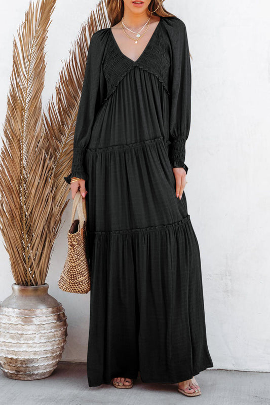 Black Frill Tiered V Neck Long Sleeve Maxi Dress Dresses JT's Designer Fashion