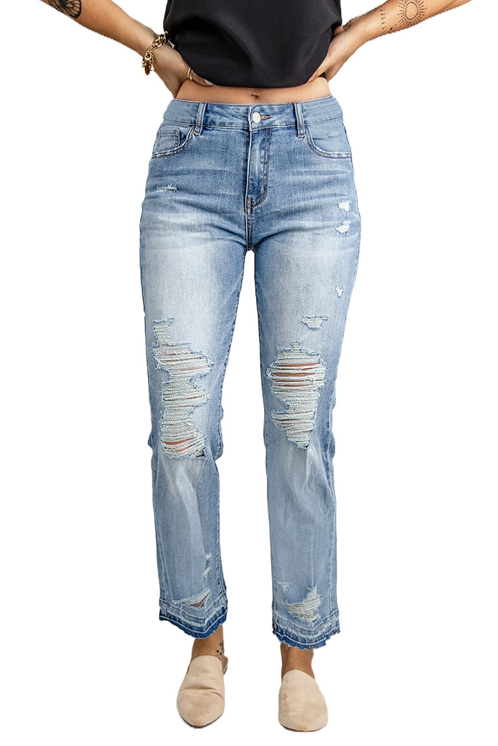 Sky Blue Washed Straight Leg Distressed High Waist Jeans Jeans JT's Designer Fashion