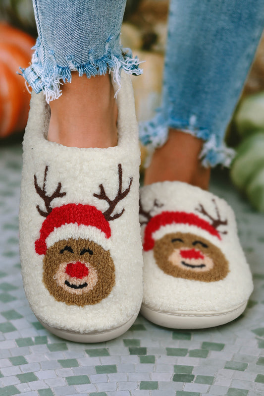 White Christmas Deer Home Indoor Plush Slippers Slippers JT's Designer Fashion