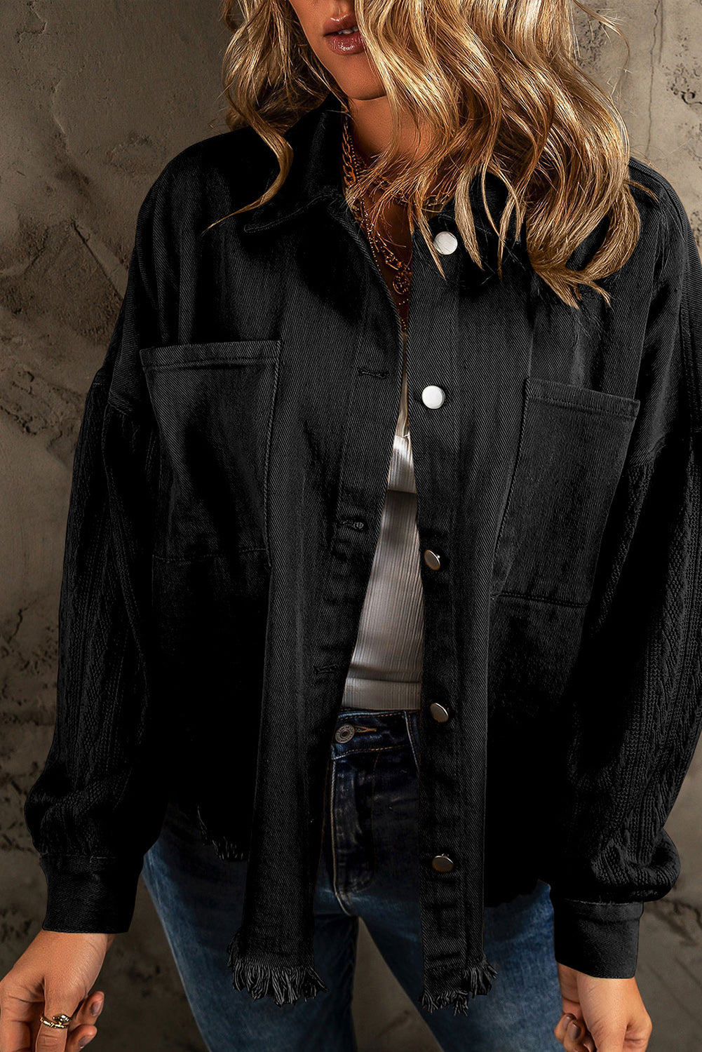Black Textured Knit Sleeves Patchwork Raw Hem Denim Jacket Outerwear JT's Designer Fashion