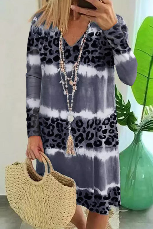 Gray Leopard Tie Dye Long Sleeve Shift Dress Dresses JT's Designer Fashion