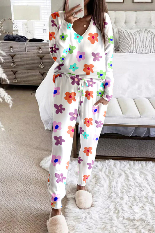 Bright White Floral Print V Neck Pocketed Long Homewear Set Loungewear JT's Designer Fashion