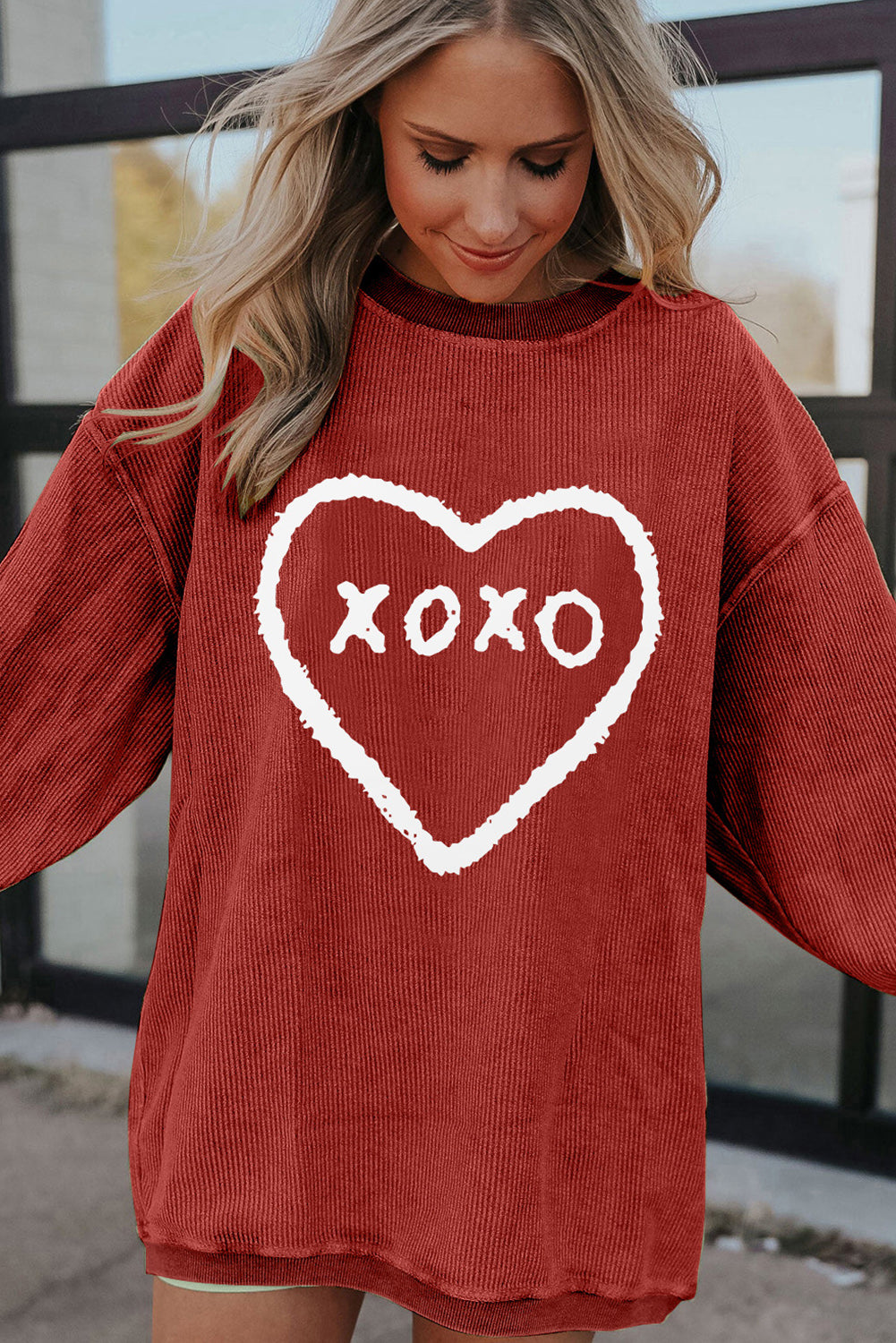 Racing Red XOXO Heart Shape Graphic Corded Sweatshirt Graphic Sweatshirts JT's Designer Fashion