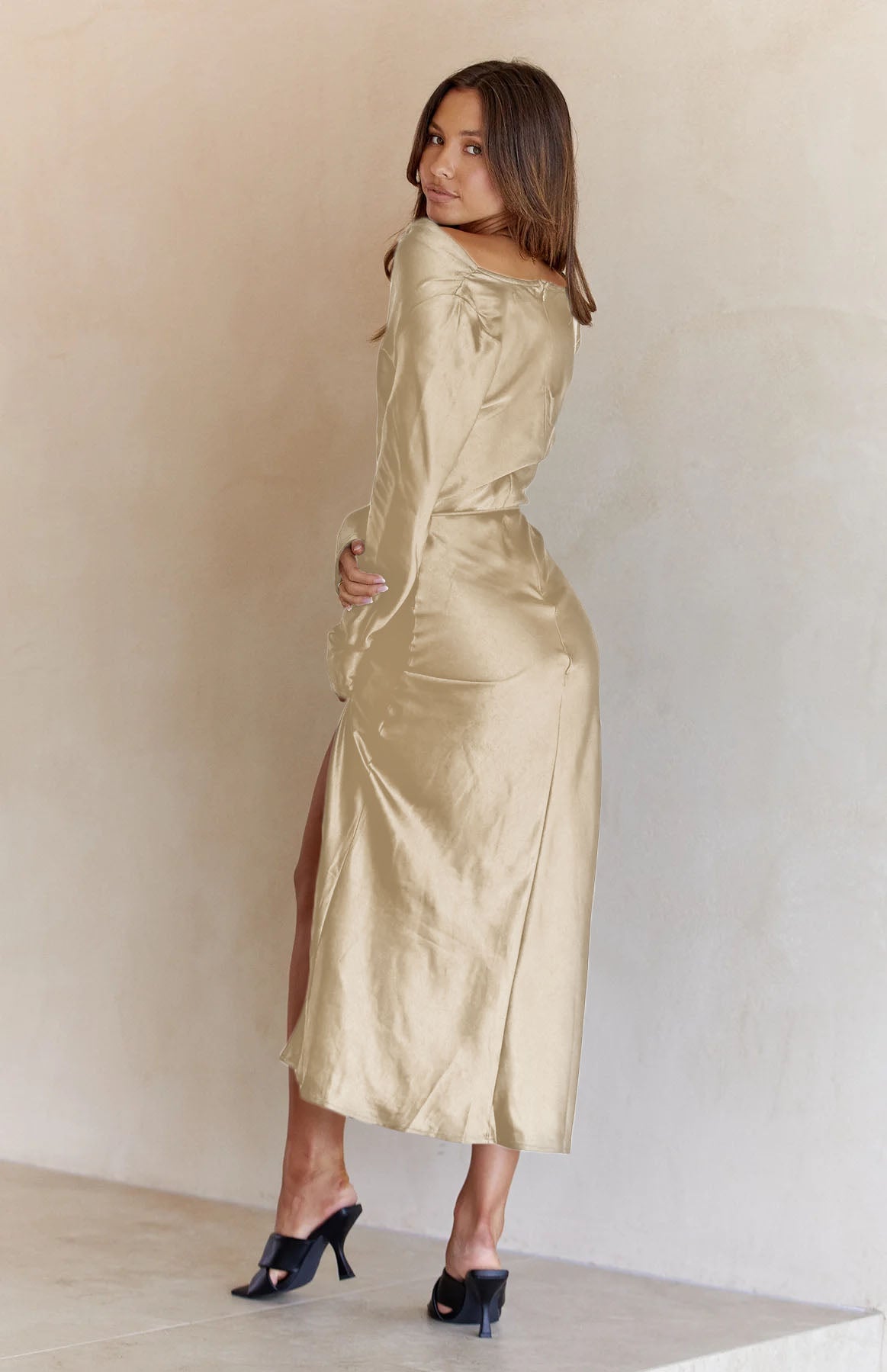 Apricot Drape Neck Tie Waist Long Sleeve Slit Dress Maxi Dresses JT's Designer Fashion