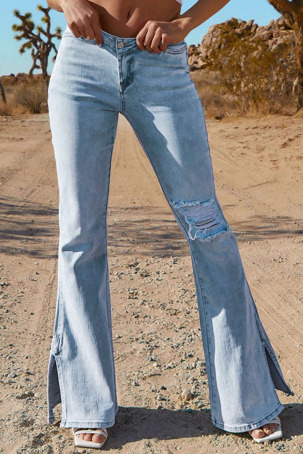 Sky Blue Black Ripped Slit Legs Flare Jeans Jeans JT's Designer Fashion