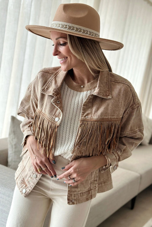 Brown Rhinestone Fringed Cowgirl Fashion Denim Jacket Outerwear JT's Designer Fashion