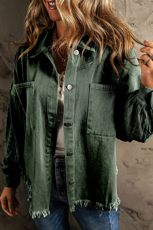 Mist Green Textured Knit Sleeves Patchwork Raw Hem Denim Jacket Outerwear JT's Designer Fashion