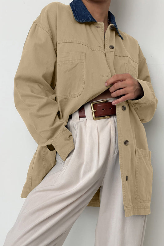Khaki Contrast Collar Pocketed Denim Jacket Pre Order Outerwear JT's Designer Fashion
