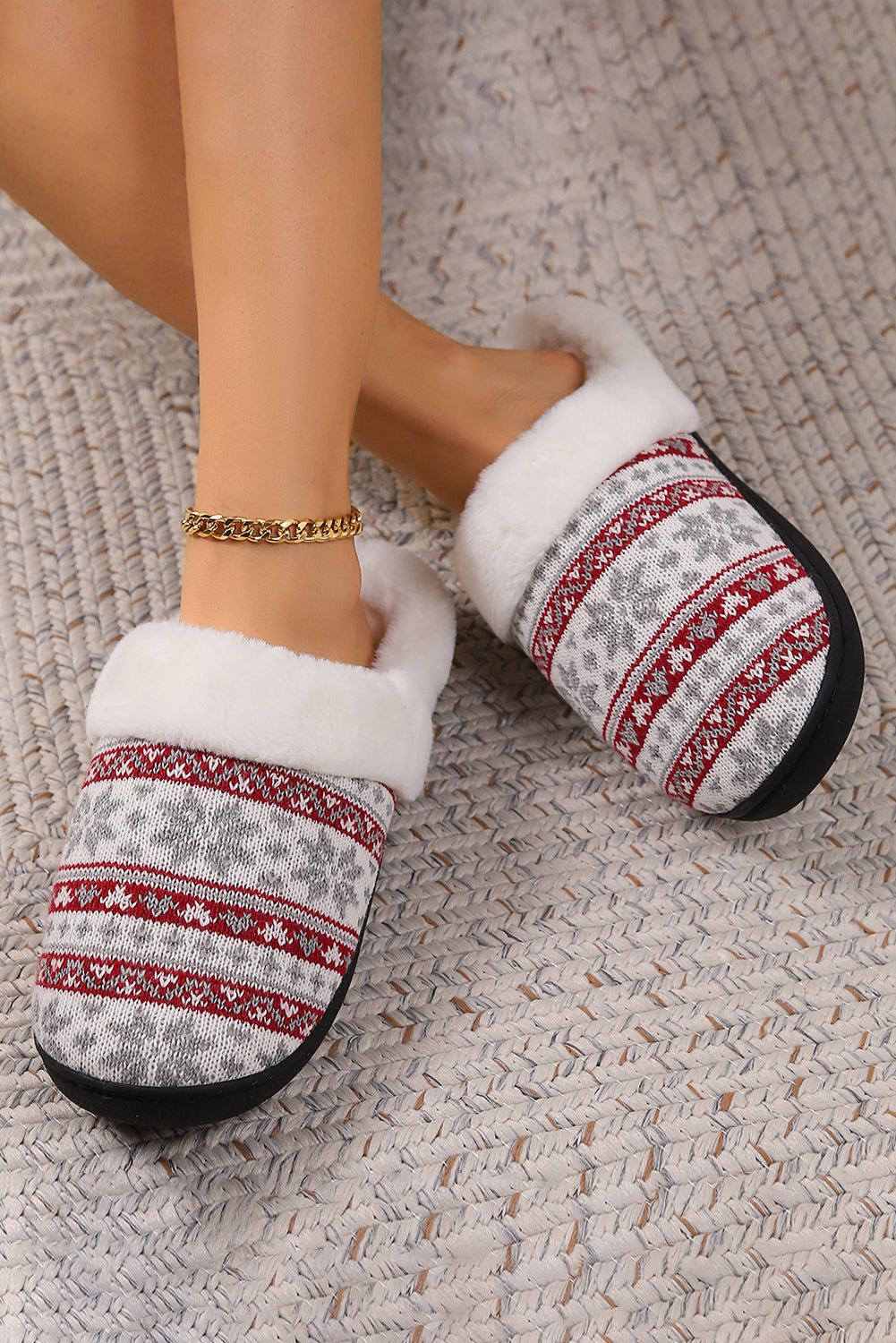 White Snowflake Pattern Knitted Plush Home Slippers Slippers JT's Designer Fashion