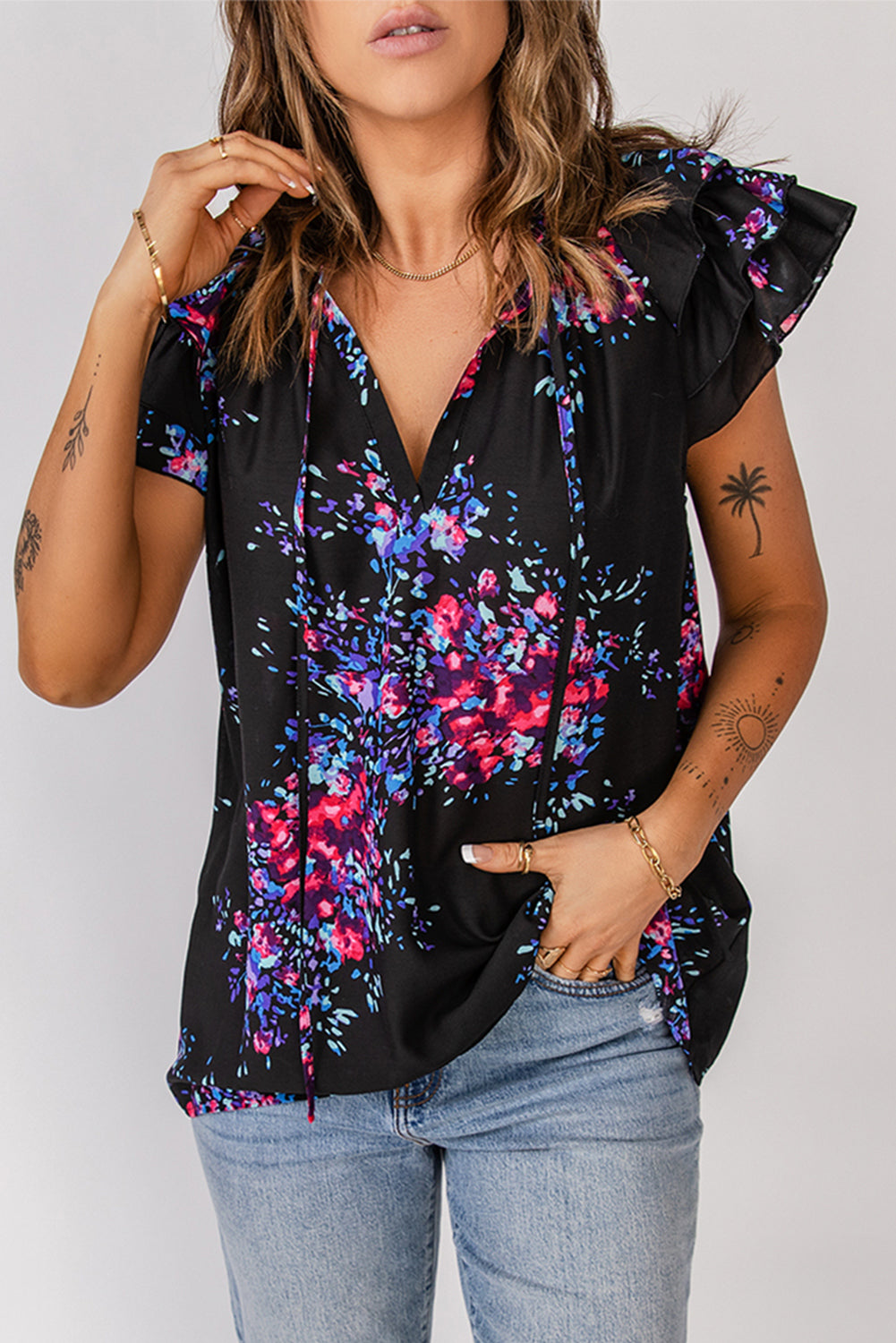 Floral Tie-Neck Flutter Sleeve Blouse Floral Blouses & Shirts JT's Designer Fashion