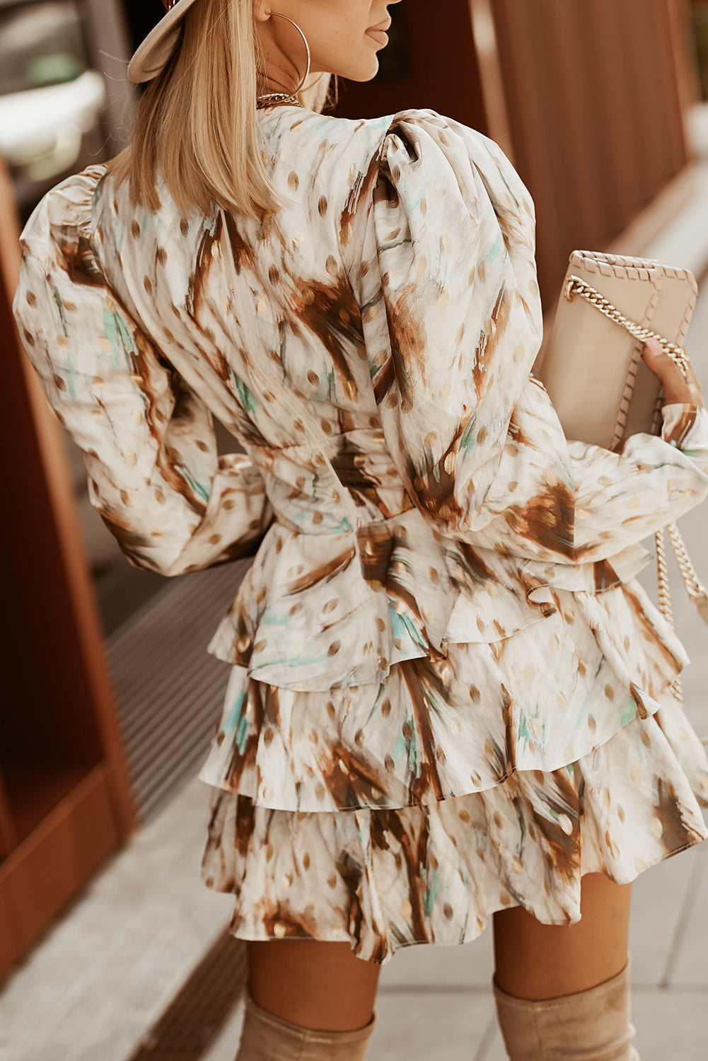 White Ruffle Tiered V Neck Wrap Print Mini Dress Mini Dresses JT's Designer Fashion