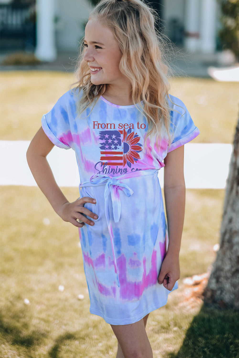 Multicolor American Flag Sunflower Tie Dye Print Girl's Mini Dress Family Dress JT's Designer Fashion