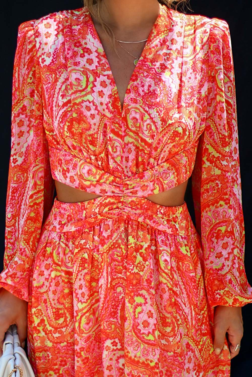 Red Paisley Print Cut Out Open Back High Waist Maxi Dress Dresses JT's Designer Fashion