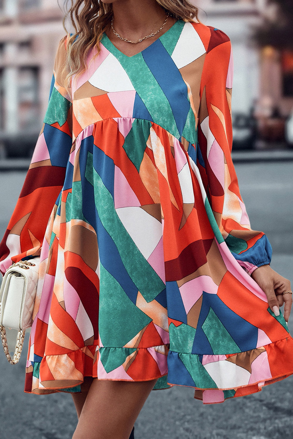 Multicolor Geometric Print Long Sleeve Ruffle Babydoll Dress Dresses JT's Designer Fashion