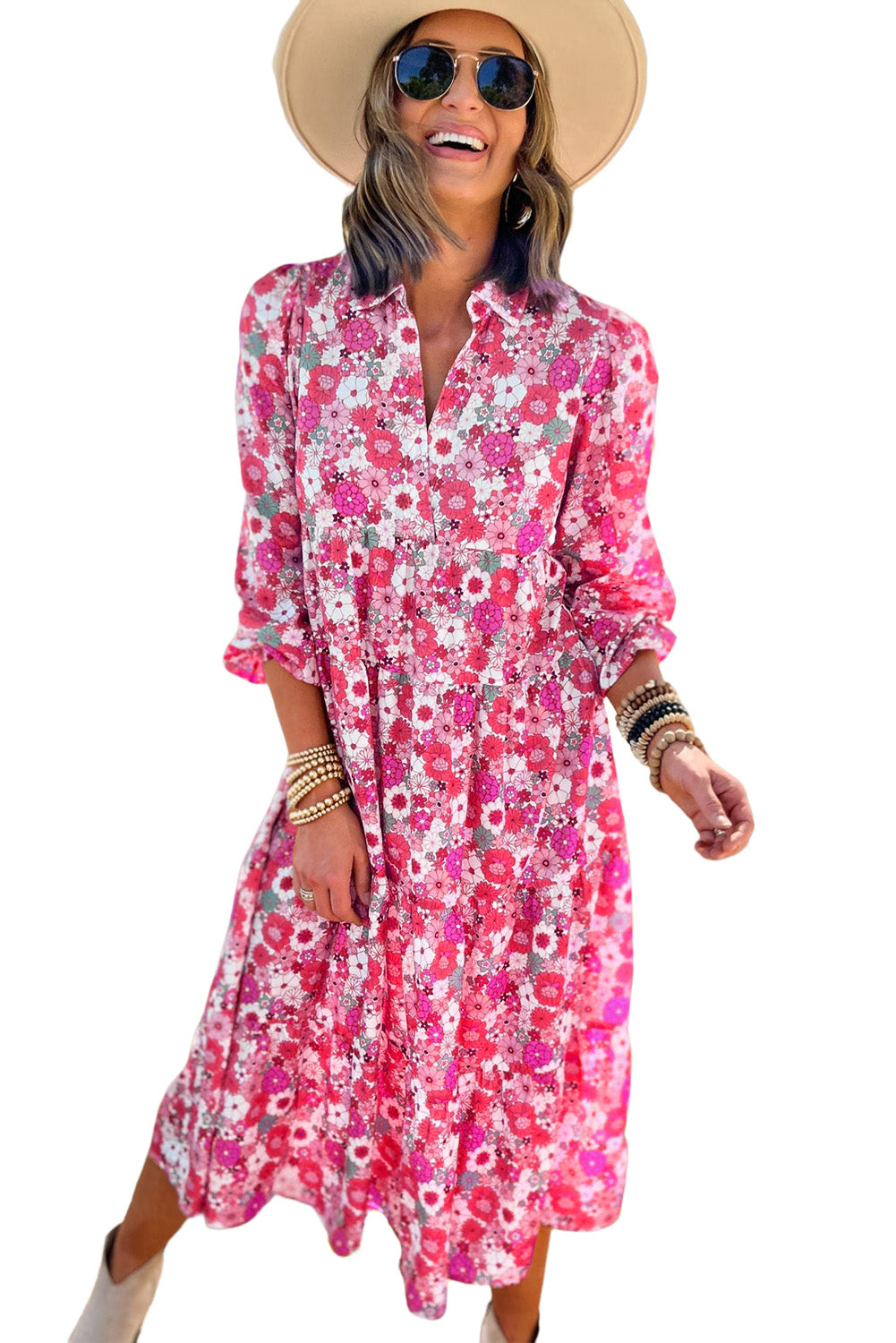 Dark Pink Boho Floral Collared Long Sleeve Ruffled Dress Dresses JT's Designer Fashion
