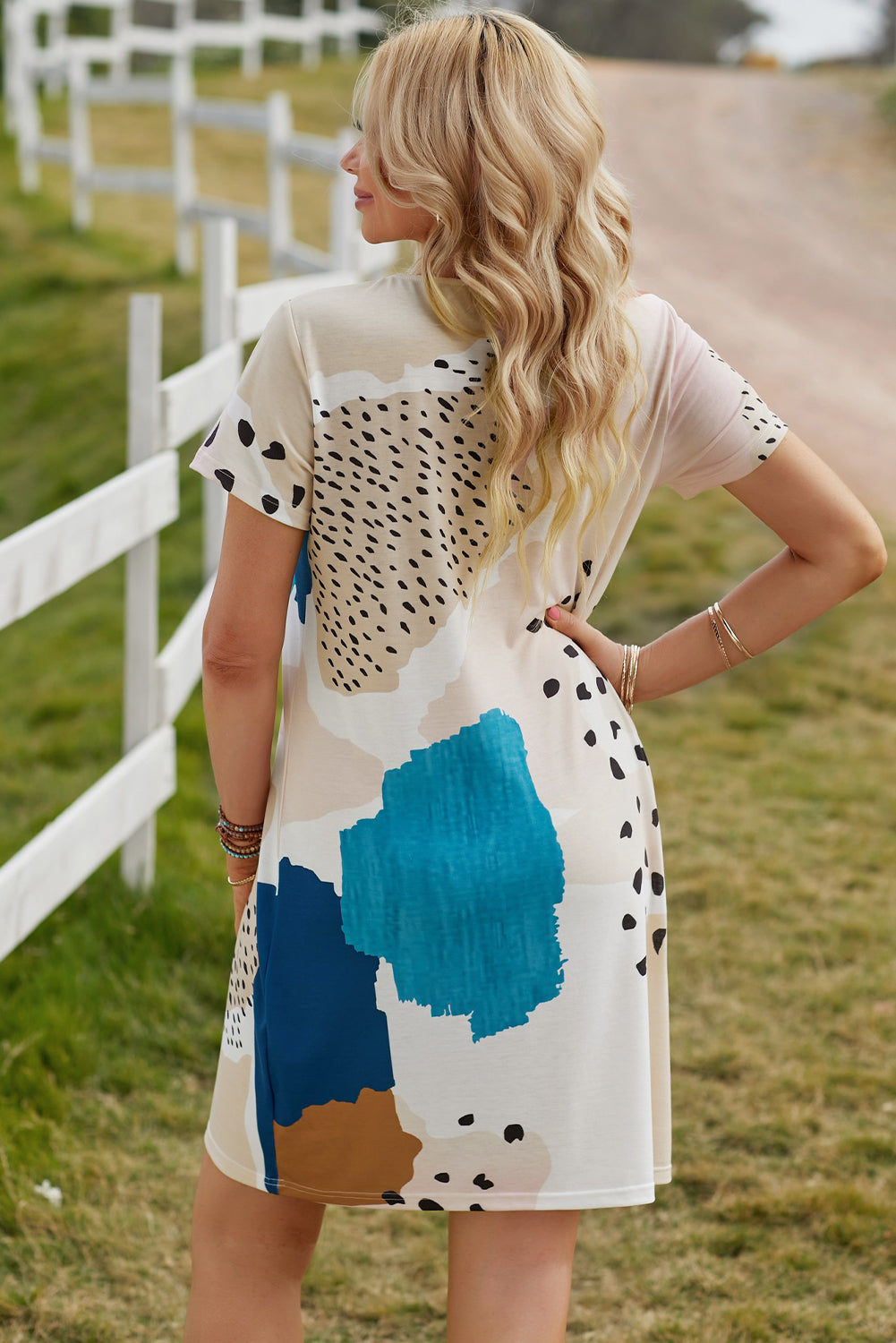 Light Blue Leopard Splicing Color Block Mini Dress T Shirt Dresses JT's Designer Fashion