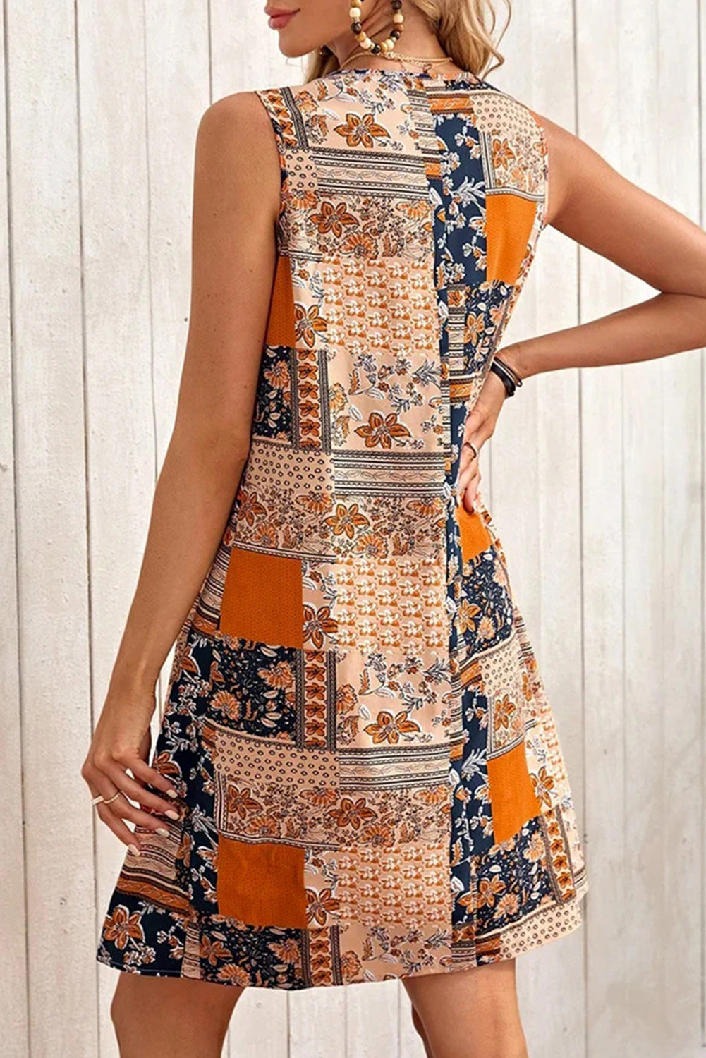 Orange Retro Floral Patchwork Print Sleeveless Mini Dress Floral Dresses JT's Designer Fashion