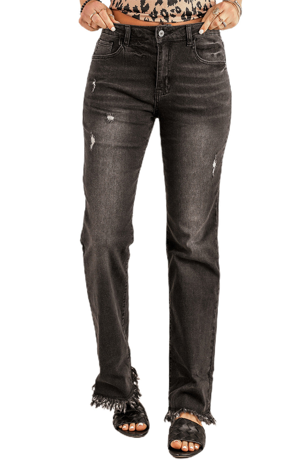 Black Raw Hem Straight Leg Jeans Jeans JT's Designer Fashion