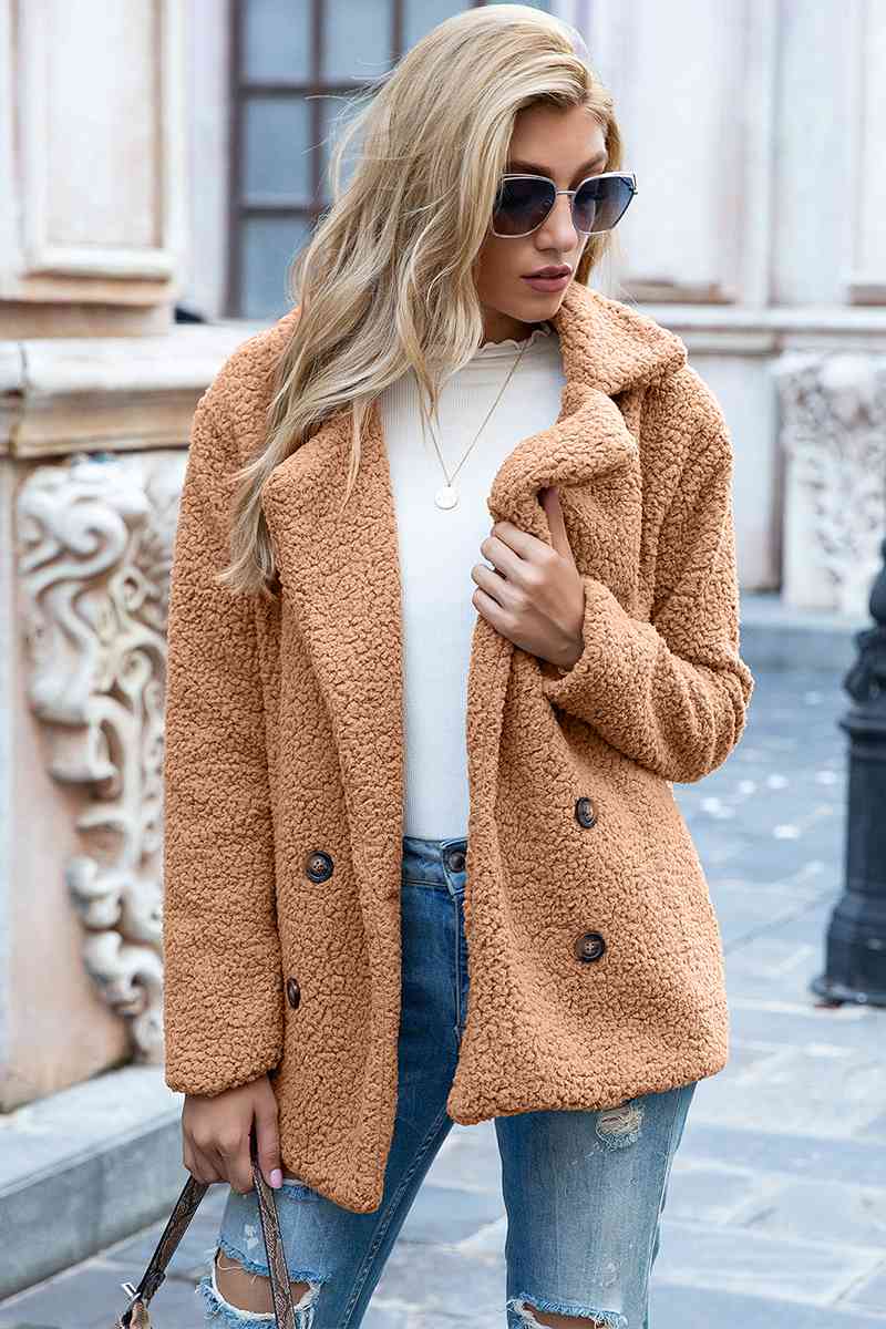 Full Size Lapel Collar Sherpa Coat Camel Coats & Jackets JT's Designer Fashion