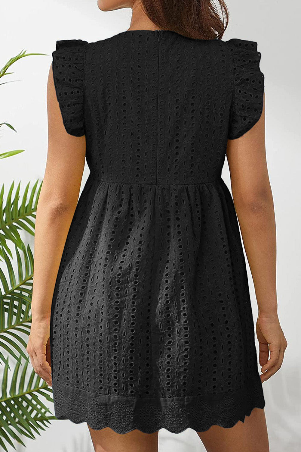 Black Eyelet Textured Ruffled Empire Waist Flowy Dress Mini Dresses JT's Designer Fashion