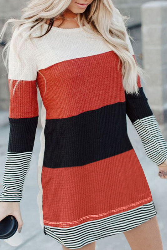 Red Striped Colorblock Long Sleeve Mini Dress Dresses JT's Designer Fashion