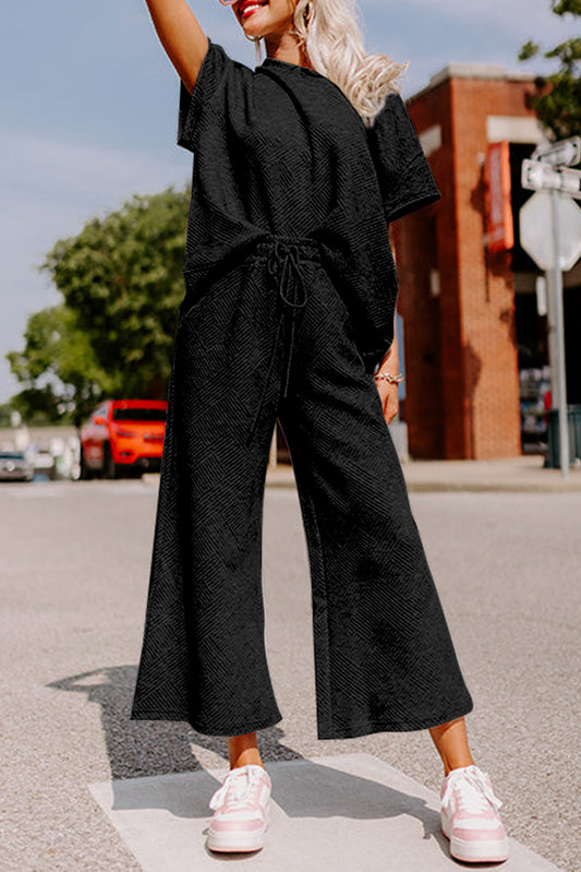 Black Textured Loose Fit T Shirt and Drawstring Pants Set Bottoms JT's Designer Fashion
