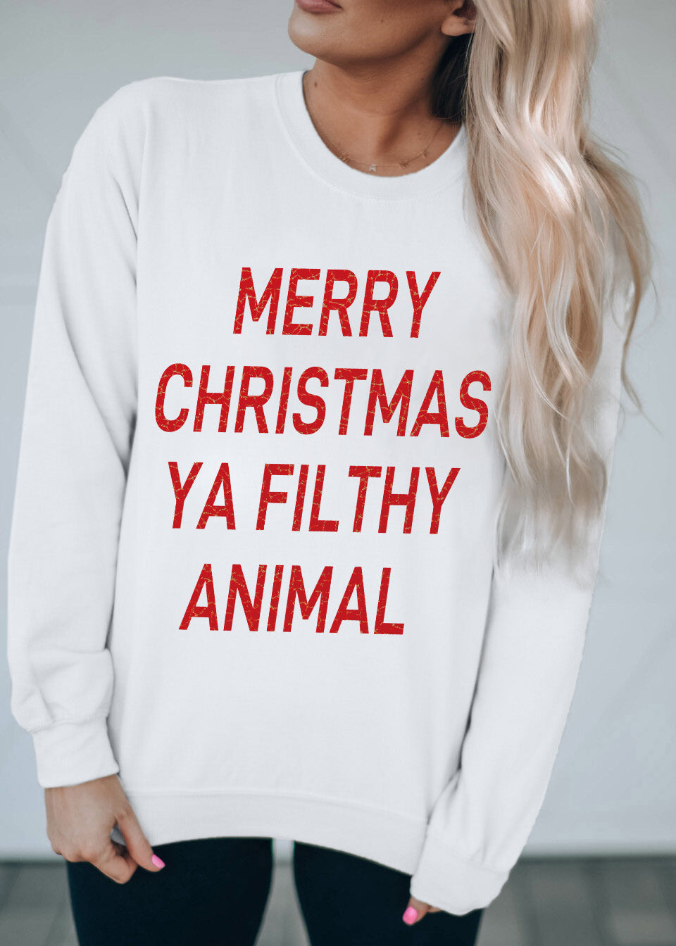 White Merry Christmas Ya Filthy Animal Graphic Sweatshirt Graphic Sweatshirts JT's Designer Fashion