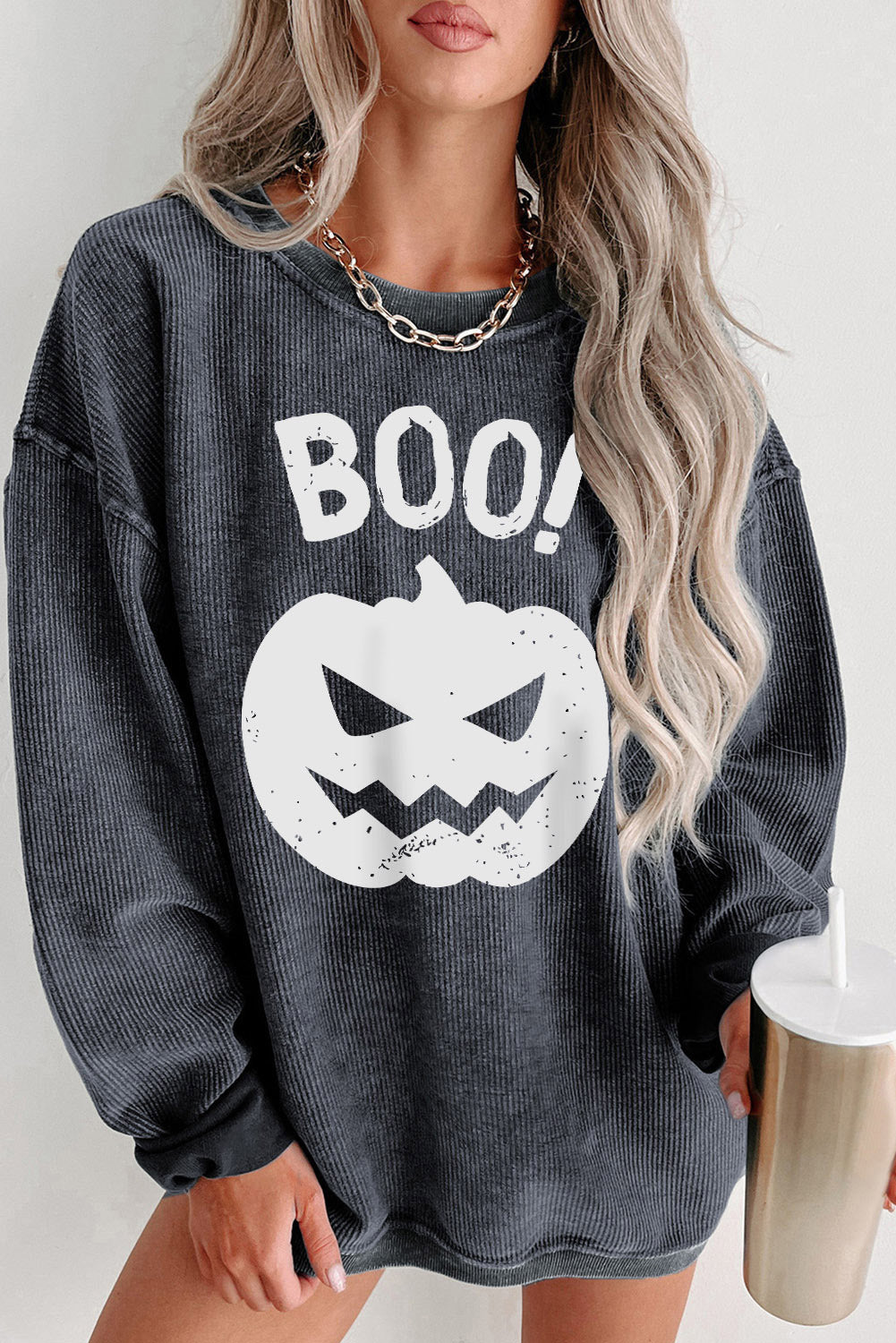 Gray Halloween BOO Pumpkin Face Graphic Corded Sweatshirt Gray 100%Polyester Graphic Sweatshirts JT's Designer Fashion