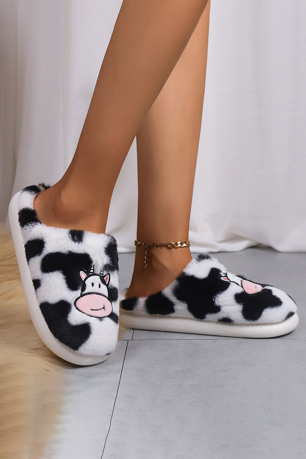 Bright White Cartoon Cow Embroidered Fuzzy Home Slippers Slippers JT's Designer Fashion