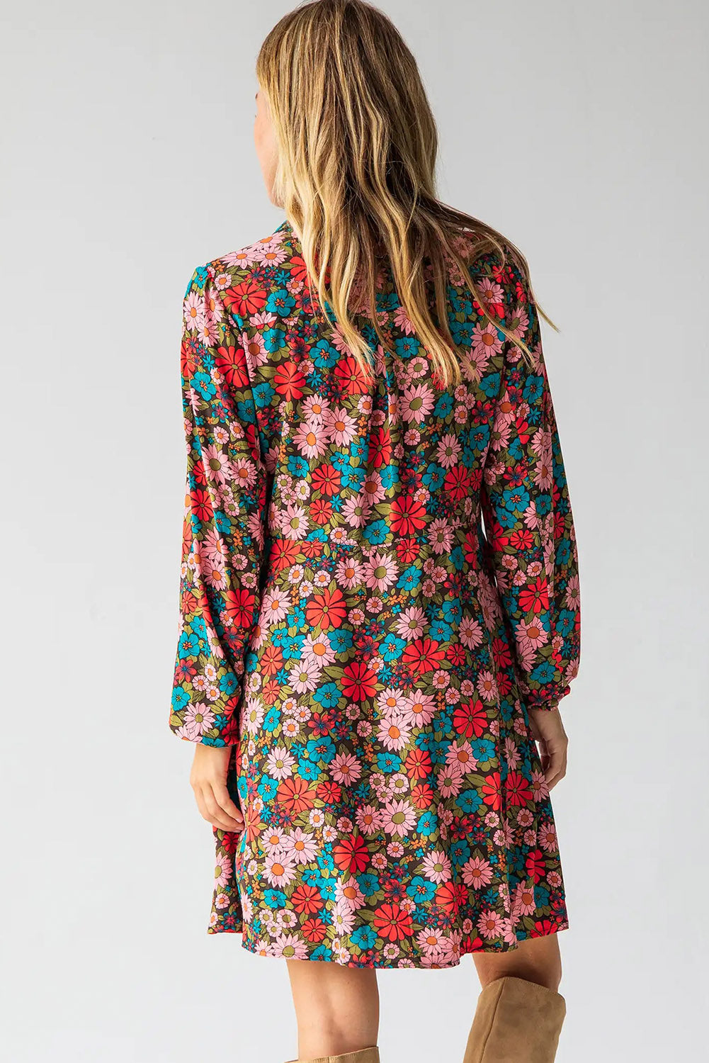 Multicolour Vibrant Floral Print Lapel Collar Flared Shirt Dress Dresses JT's Designer Fashion