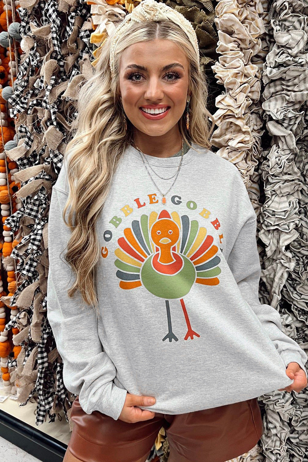 Gray GOBBLE GOBBLE Turkey Print Pullover Sweatshirt Graphic Sweatshirts JT's Designer Fashion