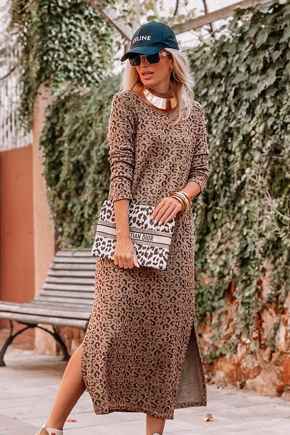 Leopard Round Neck Long Sleeve Split Dress Dresses JT's Designer Fashion