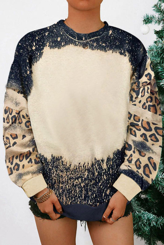 Black Tie Dye Leopard Drop Shoulder Sweatshirt Black 95%Polyester+5%Elastane Sweatshirts & Hoodies JT's Designer Fashion