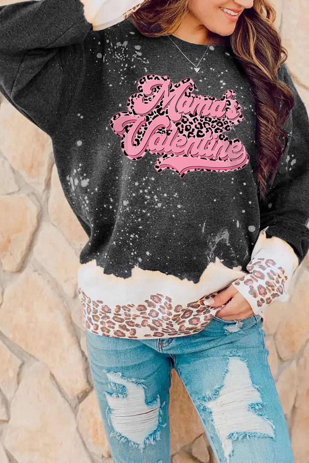 Black Mamas Valentine Leopard Bleached Sweatshirt Black 95%Polyester+5%Elastane Graphic Sweatshirts JT's Designer Fashion