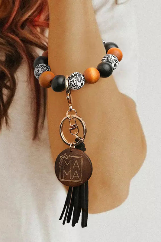 Black Leopard Wood Bead Bracelet Tassel Keychain Other Accessories JT's Designer Fashion