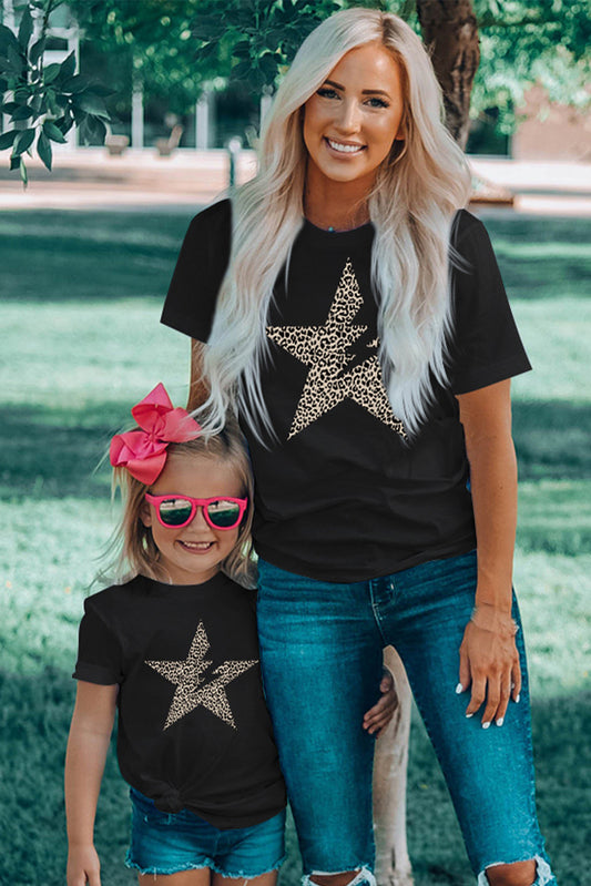 Black Leopard Star Lightning Print Short Sleeve Graphic Tee Black 95%Cotton+5%Elastane Family T-shirts JT's Designer Fashion