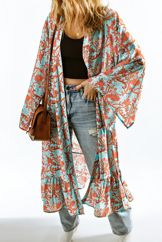 Sky Blue Boho Retro Floral Print Long Sleeve Oversized Kimono Kimonos JT's Designer Fashion