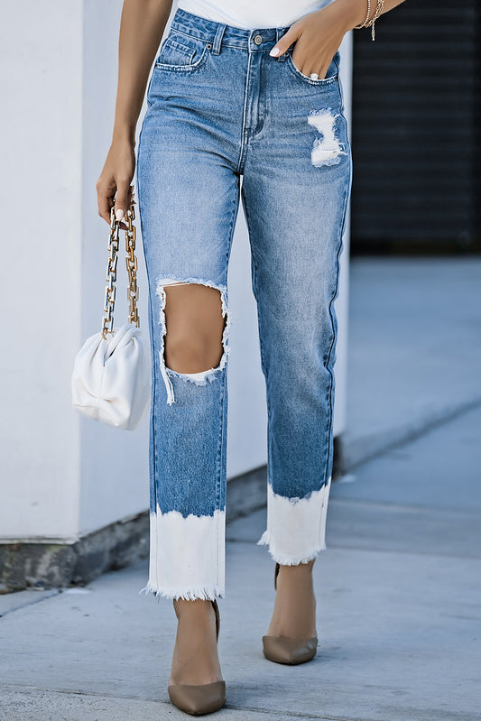 Contrast Distressed High Waist Jeans Light Jeans JT's Designer Fashion