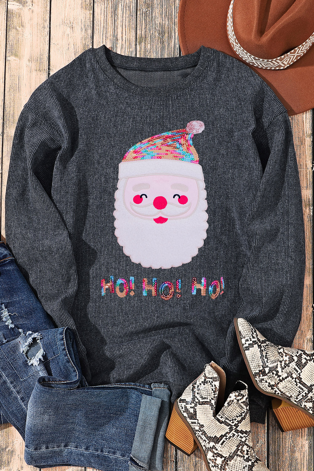 Gray Sequin HO HO HO Santa Claus Graphic Corded Sweatshirt Graphic Sweatshirts JT's Designer Fashion